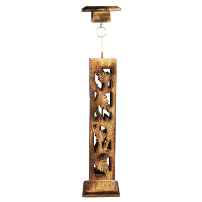 Carved Wood Square 12" Tower Incense Burner w/Slide-Out Ashcatcher